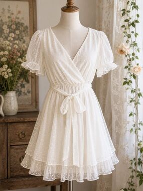 White Swiss Dot Puff Sleeve Tie Waist Bridal Shower Mini Dress L